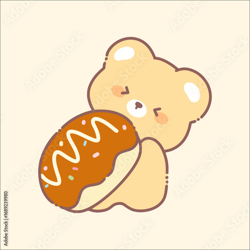 A cute cartoon bear illustration pushing a loaf of bread