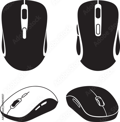 Four computer mice in silhouette and detail