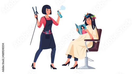 Stylist spritzing hair product on client reading magazine in modern hair salon setting
