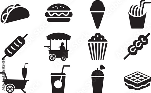 Street Food Icons Collection: Taco, Burger, Ice Cream, Fries, and Food Cart Graphics