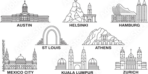 World Cities Outlines Collection Featuring Famous Landmarks and Architecture in Black White