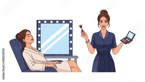 Professional makeup artist applying cosmetics to a client in a beauty salon with a lighted mirror