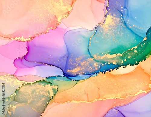 Abstract watercolor-style artwork with vibrant colors and gold flecks