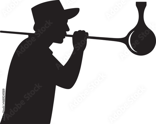 Silhouette of a Glassblower Shaping Molten Glass with a Blowpipe on Transparent Vector