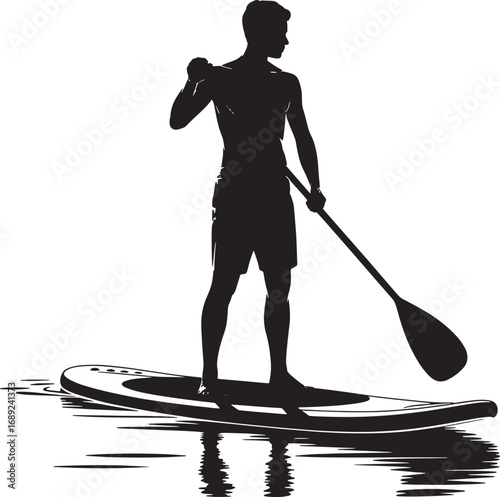 Silhouette of a Man Paddleboarding on a Calm Lake Enjoying a Serene Outdoor Water Sport