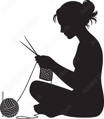 Silhouette of a Woman Knitting with Needles and Yarn on Transparent Background Graphic