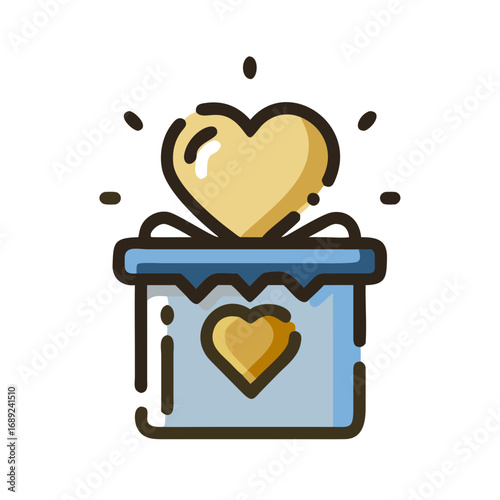 Gift box with heart shape emerging in colorful, playful design