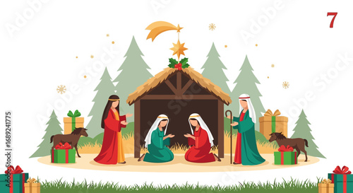 A festive illustration depicting the Nativity scene, with figures gathered around the manger.