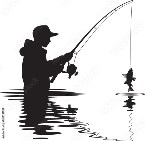 Silhouette of Fisherman Catching Fish with Rod and Reel in Water Vector Illustration
