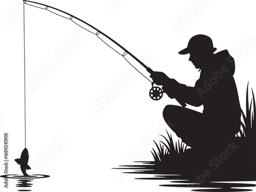 Silhouette of Fisherman Catching Fish with Rod and Reel in Water Vector Illustration