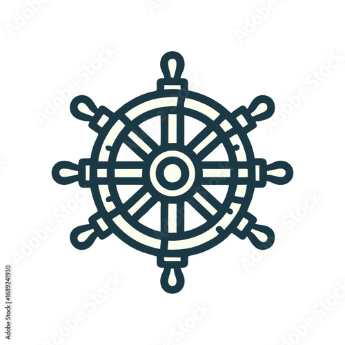 Ship wheel icon vector graphic. Helm or steering wheel symbol. Nautical design element for marine travel and adventure.