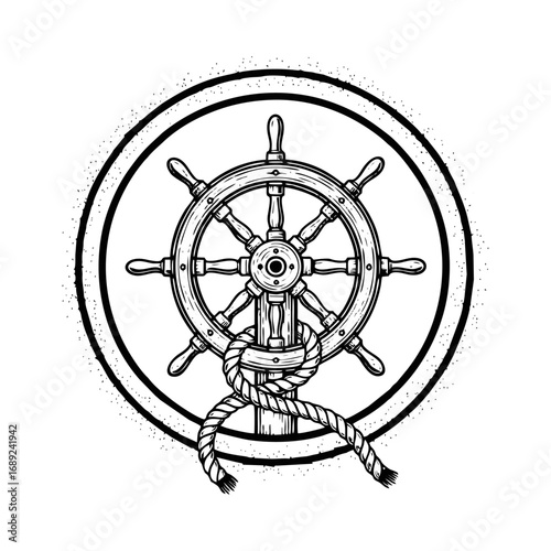 Vintage Ship's Wheel with Rope in Distressed Circular Frame Line Art