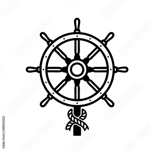 Nautical Ship's Wheel Line Art Illustration with Rope Design