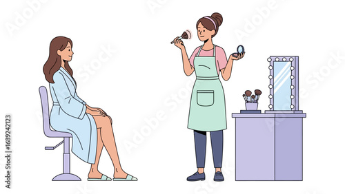 Stylist with hairdryer and scissors styles client s hair in a salon with a mirror and trolley
