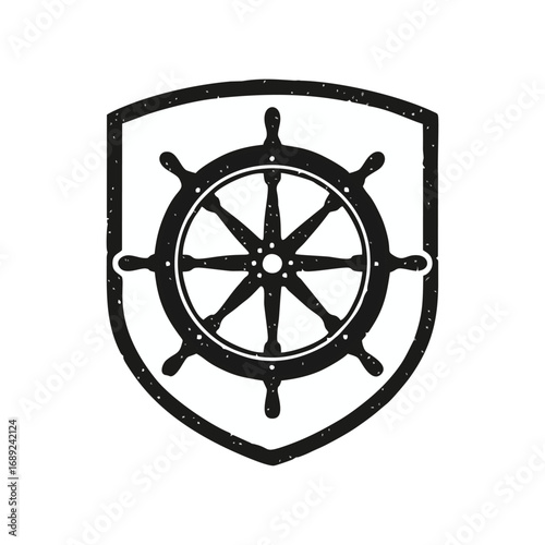 Distressed grunge nautical ship's wheel (helm) in shield emblem, a vintage marine logo symbol