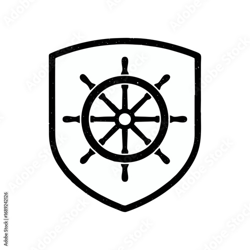 Grungy ship wheel and shield logo. Nautical helm icon for maritime travel or navigation concepts.