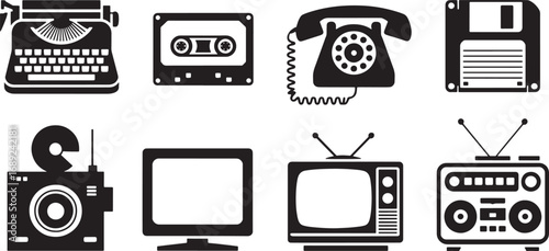 Nostalgic Technology Icons Set Typewriter Cassette Phone Floppy Disk Camera TV Radio