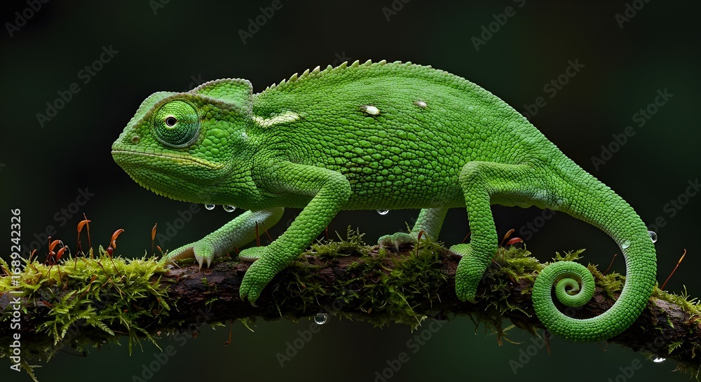 Fototapeta premium Close-up of a vibrant green Chameleon on a mossy branch, showcasing its unique skin texture and curled tail.