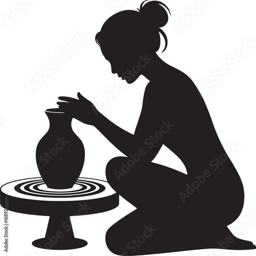 Potter Silhouette Creating Vessel on Wheel with Concentration and Skill on Clear