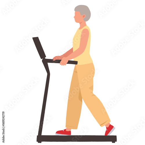 Elderly woman on treadmill. Senior lady exercising at gym. Older woman walking on treadmill machine. Retired woman doing cardio workout. Elderly set