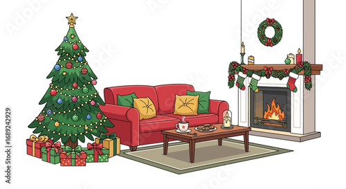 Cozy Christmas living room scene with a decorated tree, presents, a red sofa, and a fireplace with stockings.