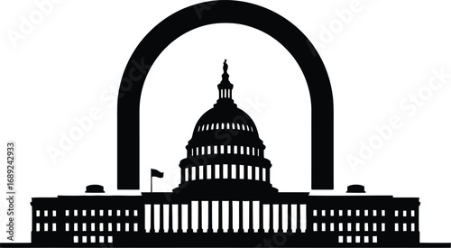 Capitol Magnet Silhouette – Black-and-White Vector of U.S. Capitol Building with Hovering Horseshoe Magnet Symbolizing Political Influence and Power Dynamics