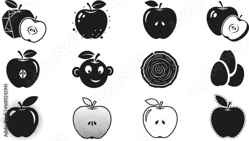 Apple icons set, fruit illustrations, nature symbols, seeds, tree rings, nut icons, healthy food, vector design, organic, fresh produce.