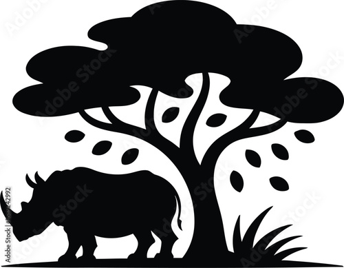 Rhinoceros Under Tree Silhouette – Black-and-White Vector Scene of Wildlife in Natural Habitat with Grass and Canopy for Conservation and Nature Themes