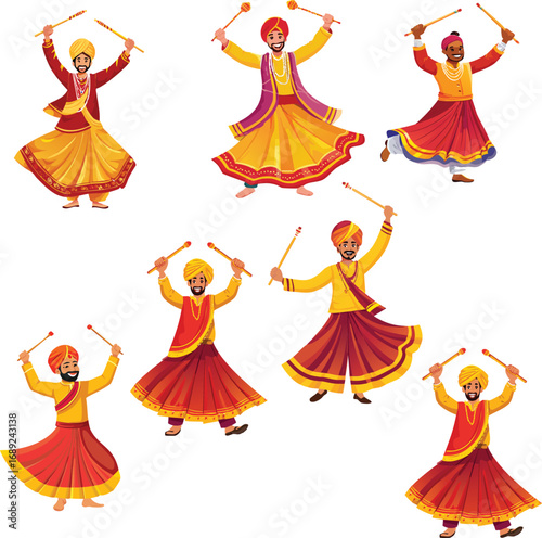 Colorful Navratri Male Dancers Illustration Set – Traditional Indian Men Performing Garba and Dandiya Dance in Festive Attire