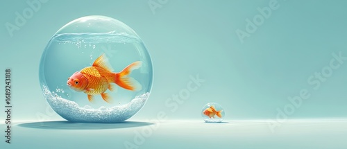 Contrasting Worlds: Two Goldfish in Isolated, Glistening Water Spheres