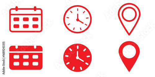 Time, date and address icon set. Calendar, clock, map pin icons. Travel concept or booking. Featuring calendar, clock, and location symbols for planning and scheduling. Editable and filled vector. 