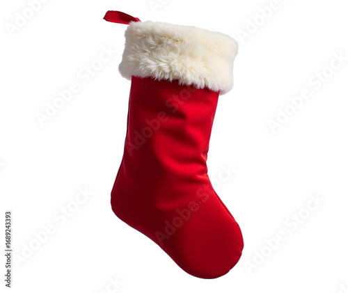 Red christmas stocking with white fur trim isolated on transparent background