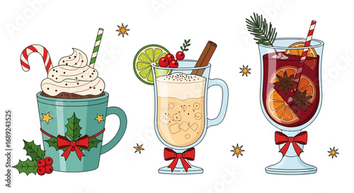 Three festive holiday beverages: hot chocolate with whipped cream, eggnog, and mulled wine, all decorated.