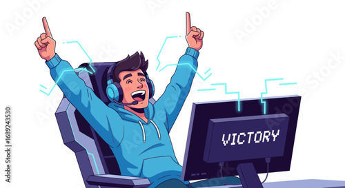 Jubilant Gamer Celebrating Online Victory.