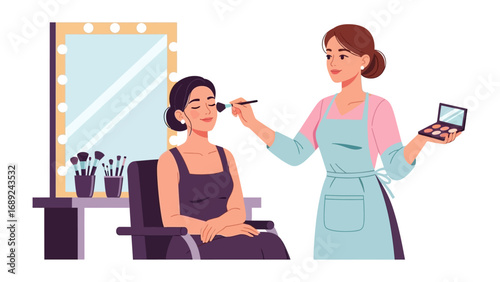 Professional makeup artist applying cosmetics to a client in a salon setting with a mirror