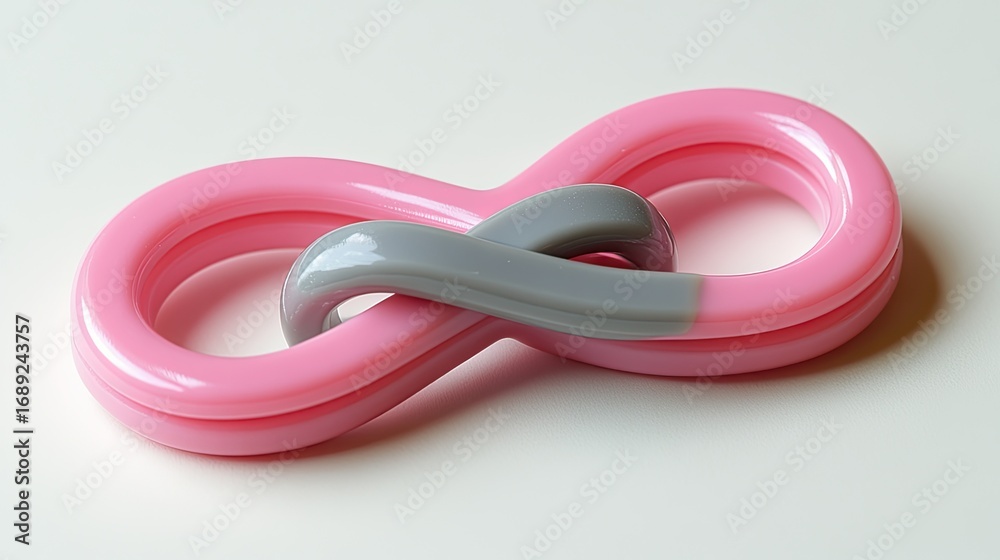 Fototapeta premium Sleek Pink and Grey Interlocked Loops Forming a Glossy Infinity Symbol on a White Surface.