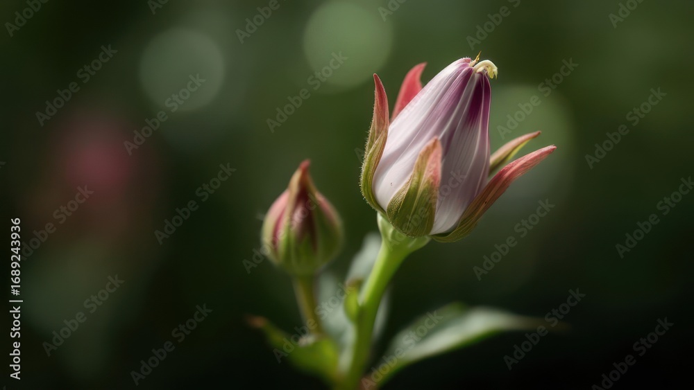 Fototapeta premium Close-up of two flower buds, one open, the other closed, against a blurred background