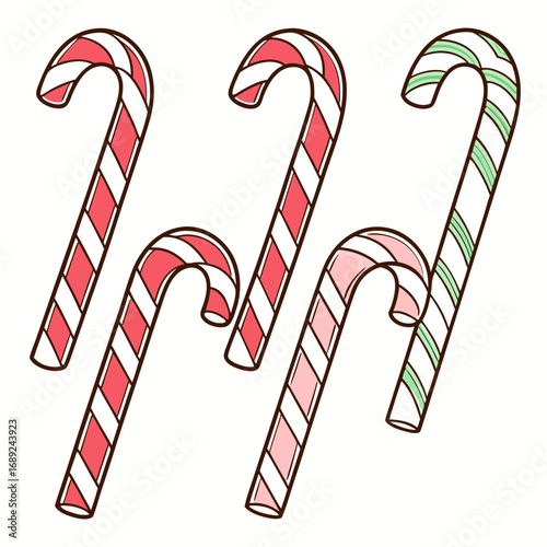 Festive red and white striped peppermint candy canes, a classic holiday treat, are isolated on a white background