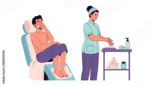 Skilled aesthetician performing a relaxing facial treatment on a contented client in a modern salon setting