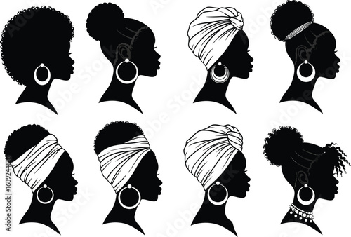 Collection of diverse african woman silhouettes with elaborate hairstyles and headwraps showcasing cultural beauty