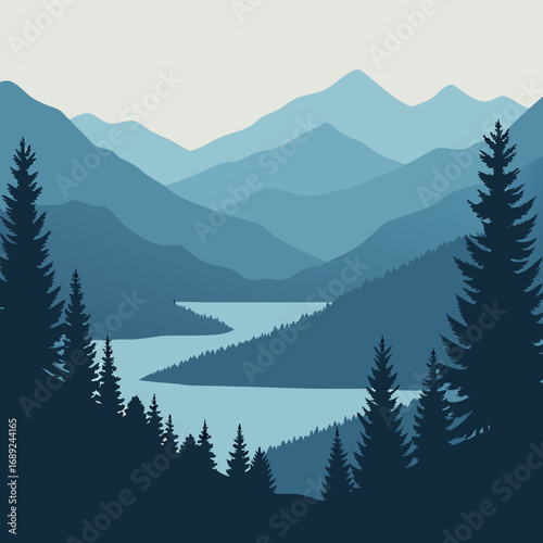 A breathtaking winter landscape featuring snow-capped mountains and a pine forest shrouded in fog