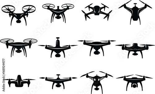 Collection of diverse drone silhouettes showcasing various designs and aerial vehicle models from different perspectives
