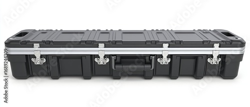 Robust Black Equipment Transport Case with Secure Silver Latches and Textured Surface, Isolated on White Background