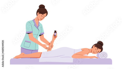 Skilled masseuse applies soothing oil to a client s back during a relaxing spa treatment session