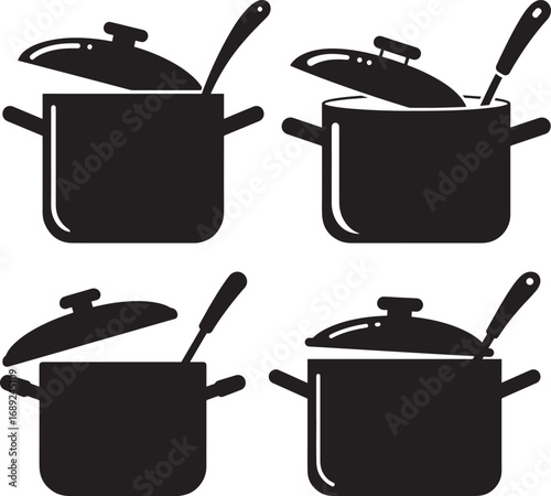 Four cooking pots with lids and spoons silhouette