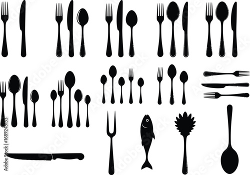 Collection of silhouettes of various kitchen utensils and cutlery including forks spoons knives and serving implements