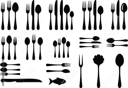 Collection of black silhouettes of various cutlery including forks spoons knives and serving utensils