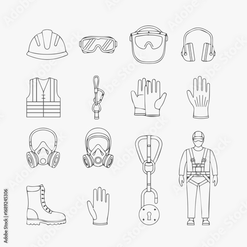 Firefighter gear outline icon set fire safety equipment helmet extinguisher hose mask vector collection