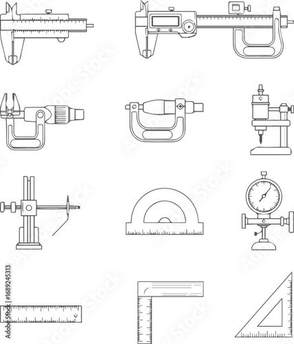 Precision Measurement Tools Calipers Micrometers and Gauges icons Set