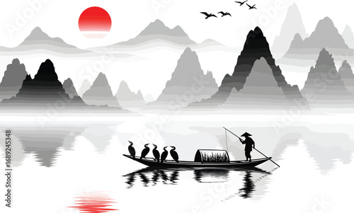 Traditional chinese ink wash painting of a lone fisherman in a small boat with cormorants on a misty lake with mountains and a red sun